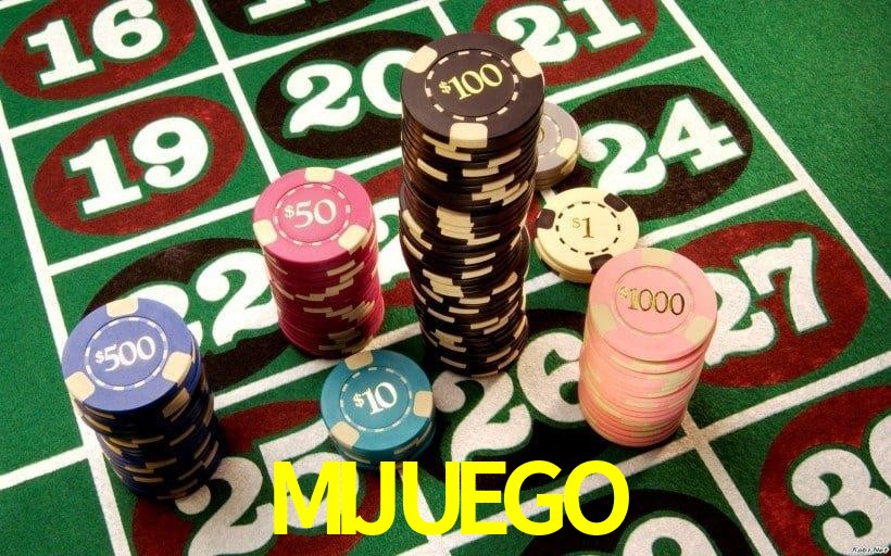 Una escena digital vívida inspirada en casino con MIJUEGO mostrado prominentemente, luces brillantes, fichas, cartas y acentos dorados.