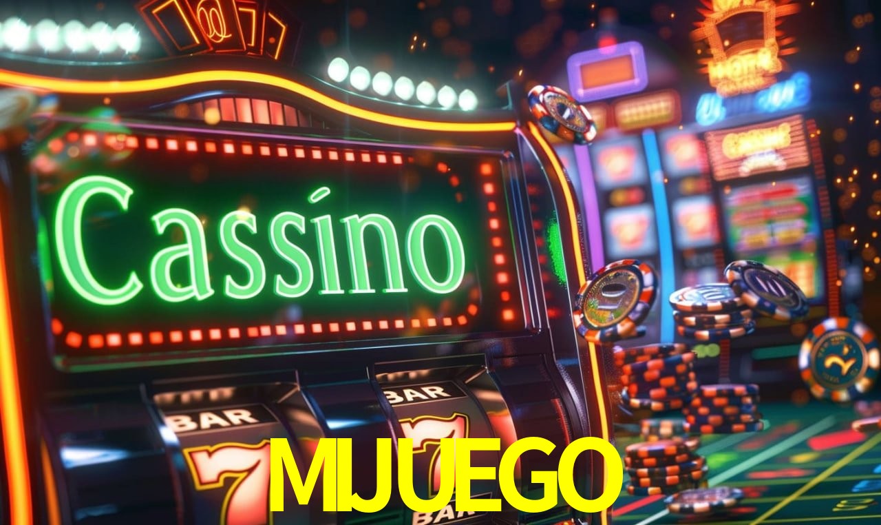 Escena dinámica inspirada en casino con iluminación MIJUEGO, cartas, fichas e íconos de juegos digitales en un espacio moderno de juegos.